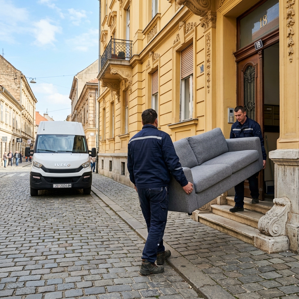 Dvojica radnika Selidbe Tip-Top nose kauč iz zgrade u staroj jezgri Zagreba