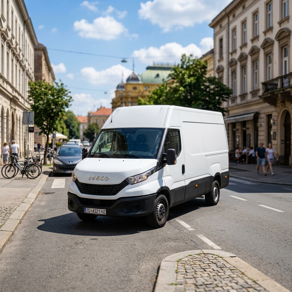 Bijeli Iveco kombi Selidbe Tip-Top na ulici Zagreba