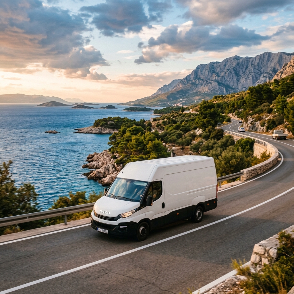 Bijeli Iveco kombi vozi jadranskom magistralom uz Jadransko more